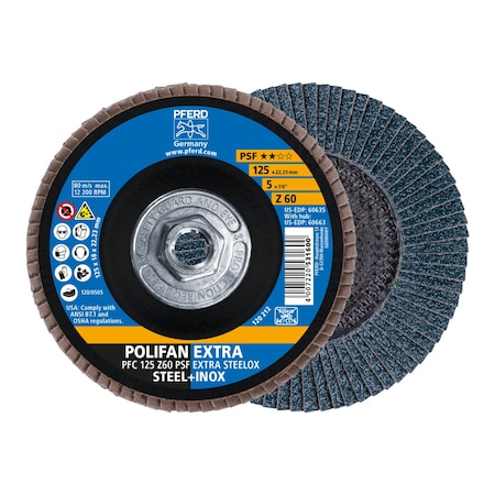 Pferd 5" x 5/8-11 Thd. POLIFAN Flap Disc - Z PSF EXTRA STEELOX, Zirconia, 60 Grit, Conical 60663